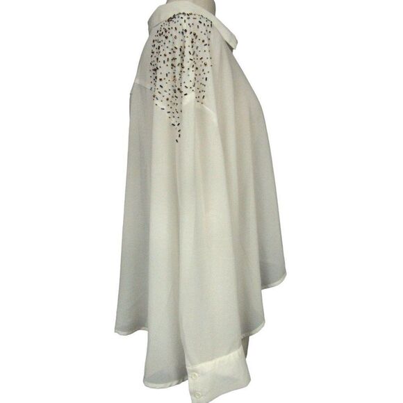 Romeo & Juliet Couture Semi Sheer Beaded Shoulders Hi-Lo Blouse Cream Roomy M - Picture 2 of 10